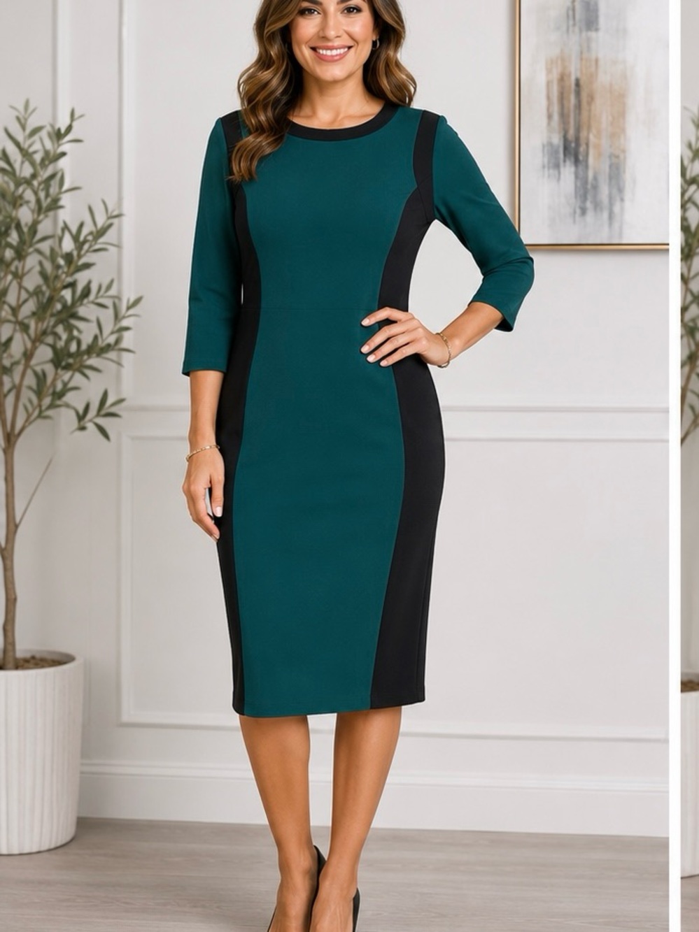 Classic Colorblock Sheath Dress - Teal & Black